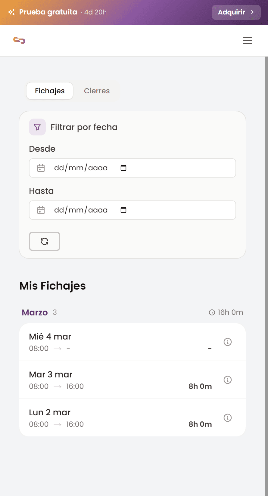 Control horario y fichajes